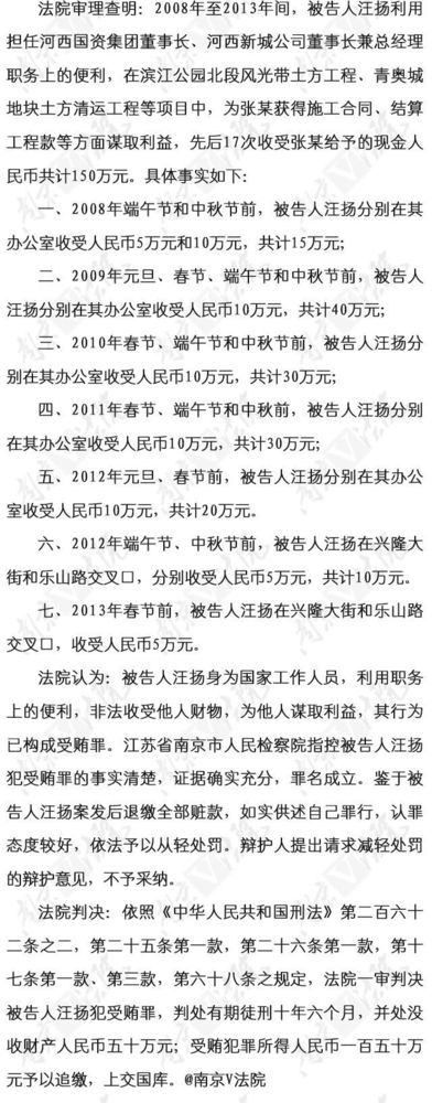 南京河西国资集团前董事长汪扬一审获刑10年6个月